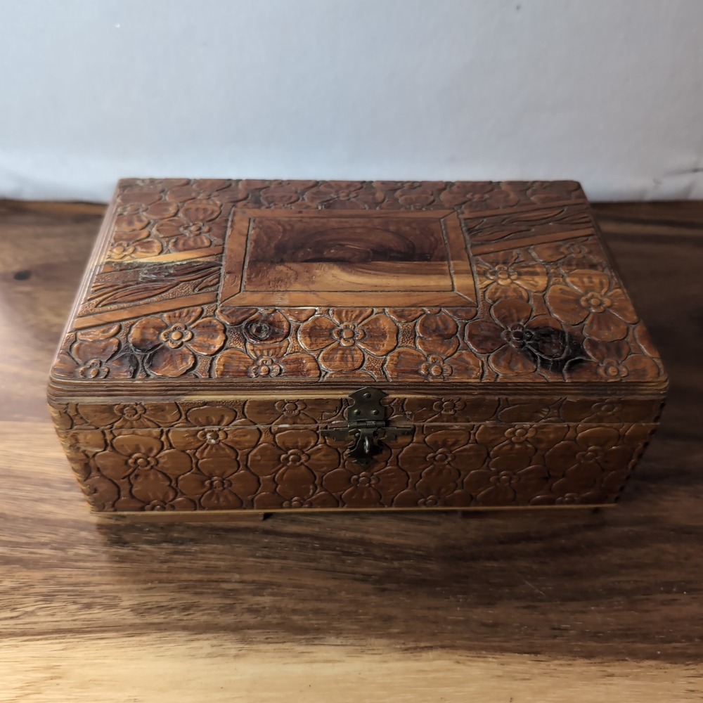Vintage Hand Carved Floral Wood Jewelry Box with Mirror Marble Lining 8x5x3.5